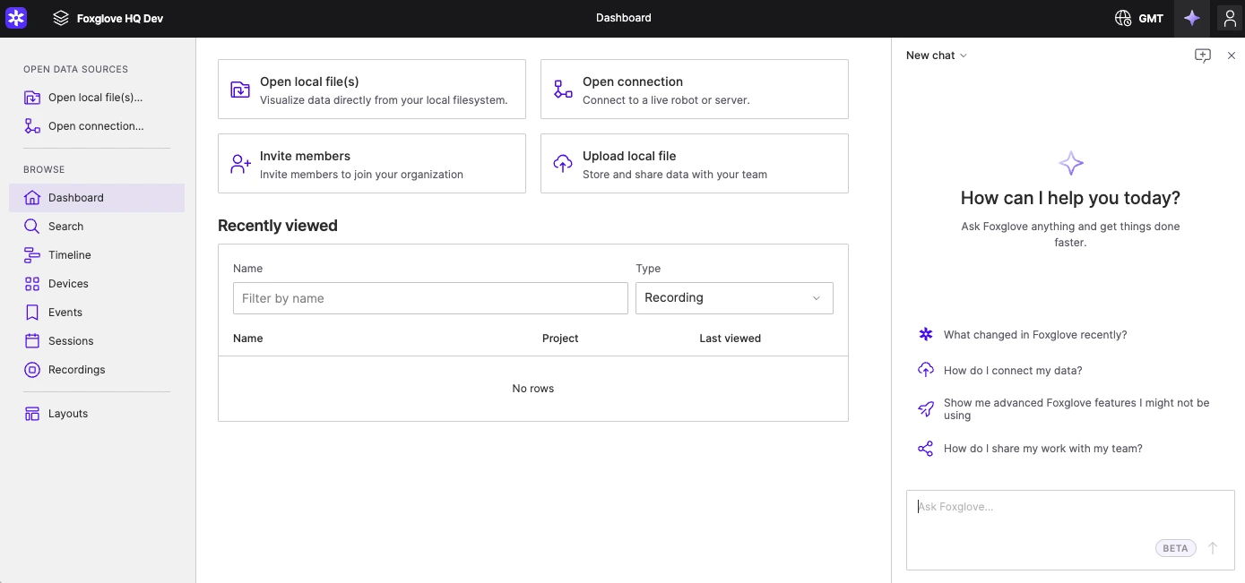 The Foxglove app with the AI Chat panel open alongside the dashboard