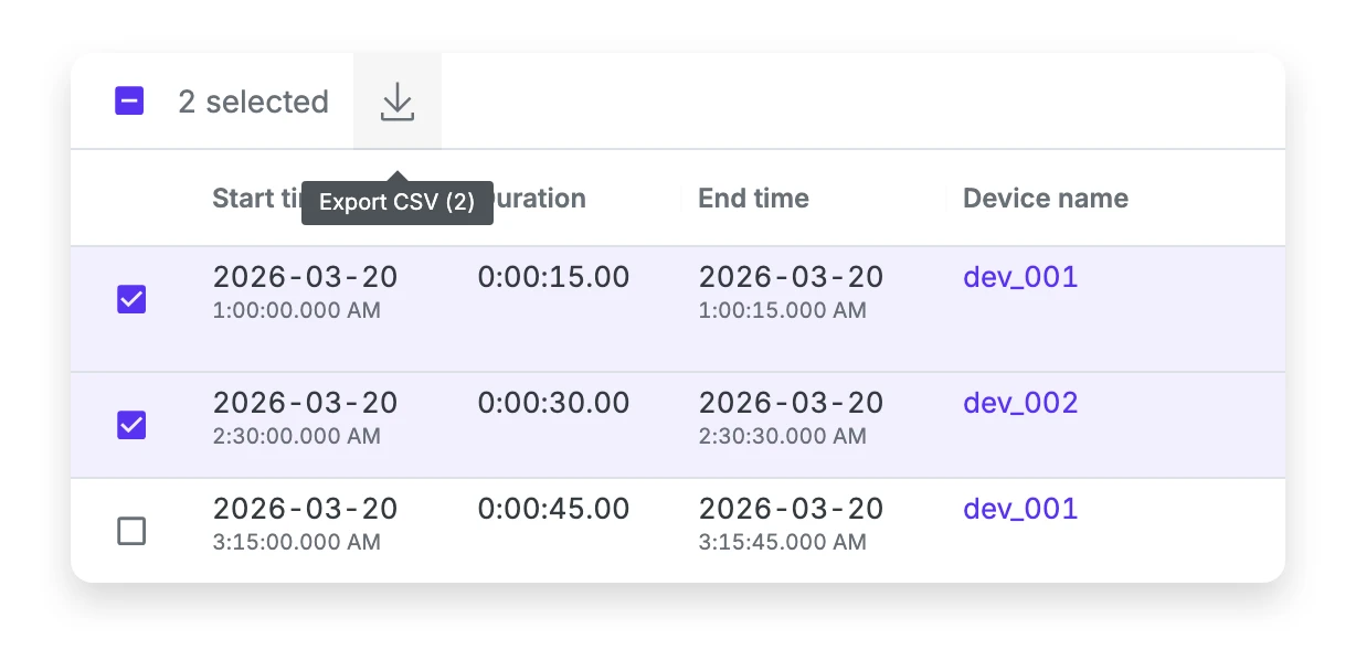 Search List view with two results selected and the Export CSV tooltip showing