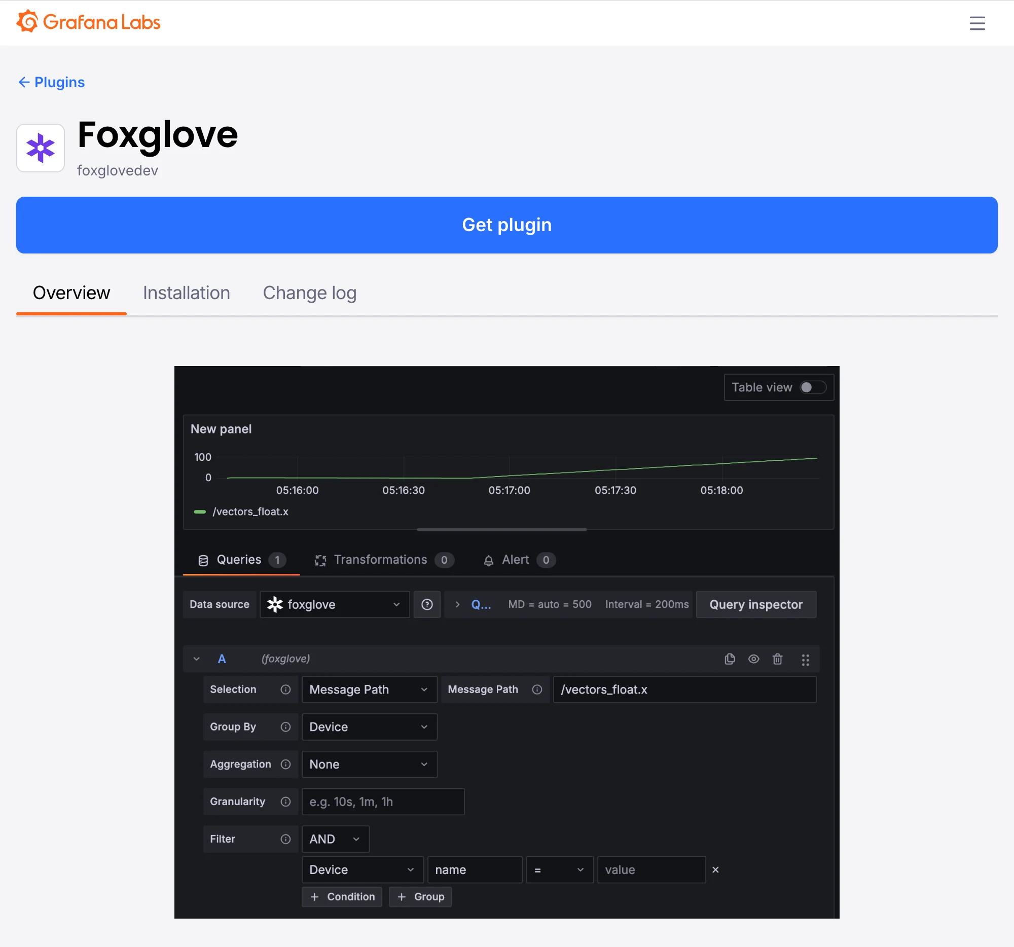 The Foxglove data source plugin in the Grafana plugin catalog, with a query editor charting a message path as a time series