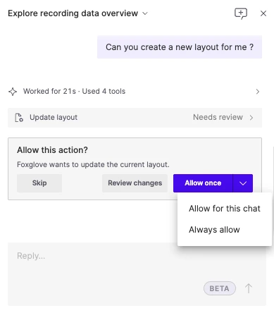 An approval prompt for a layout change, with Skip, Review changes, and the Allow once split button expanded