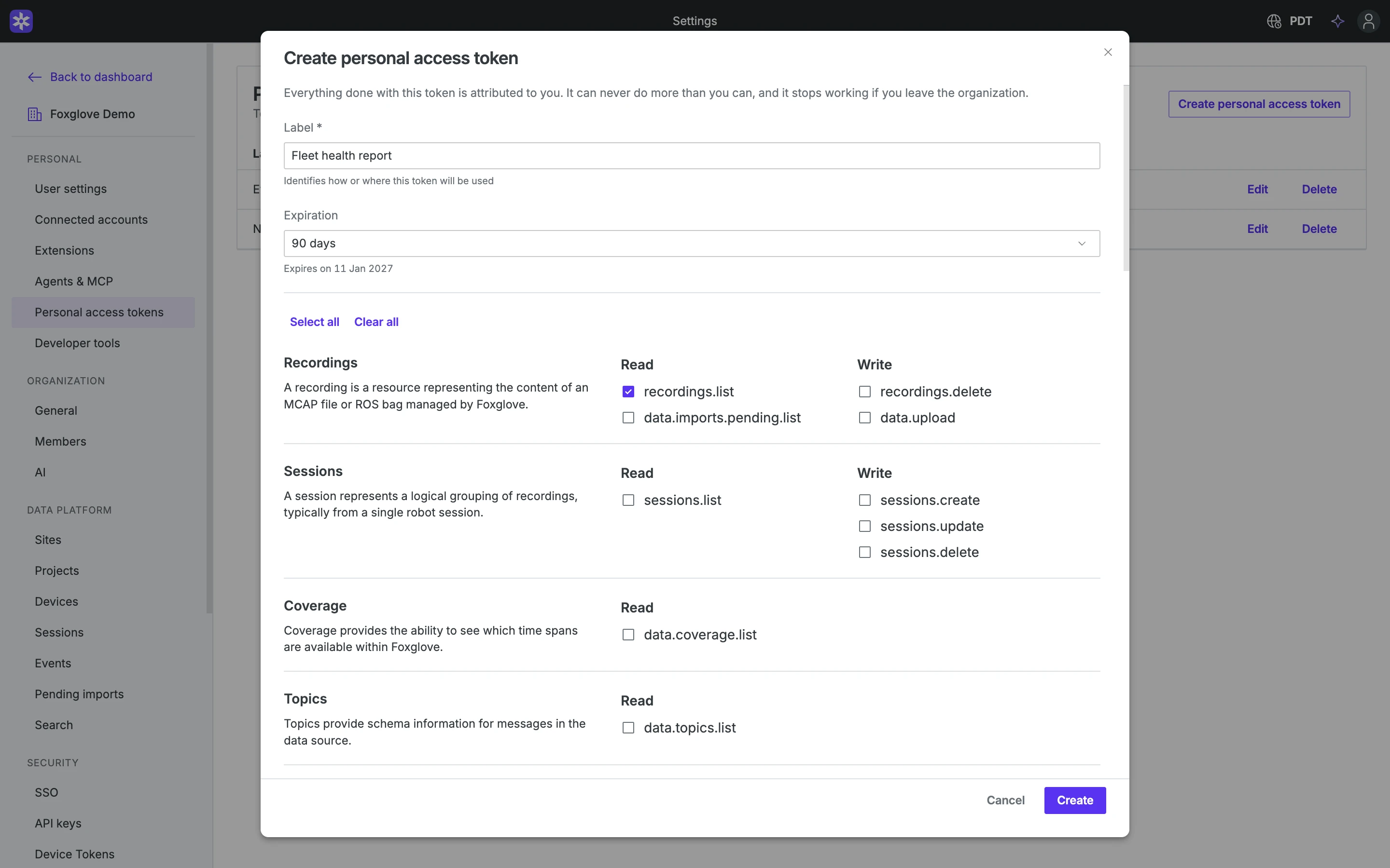 Create personal access token dialog with a label, the default expiration, and selected capabilities