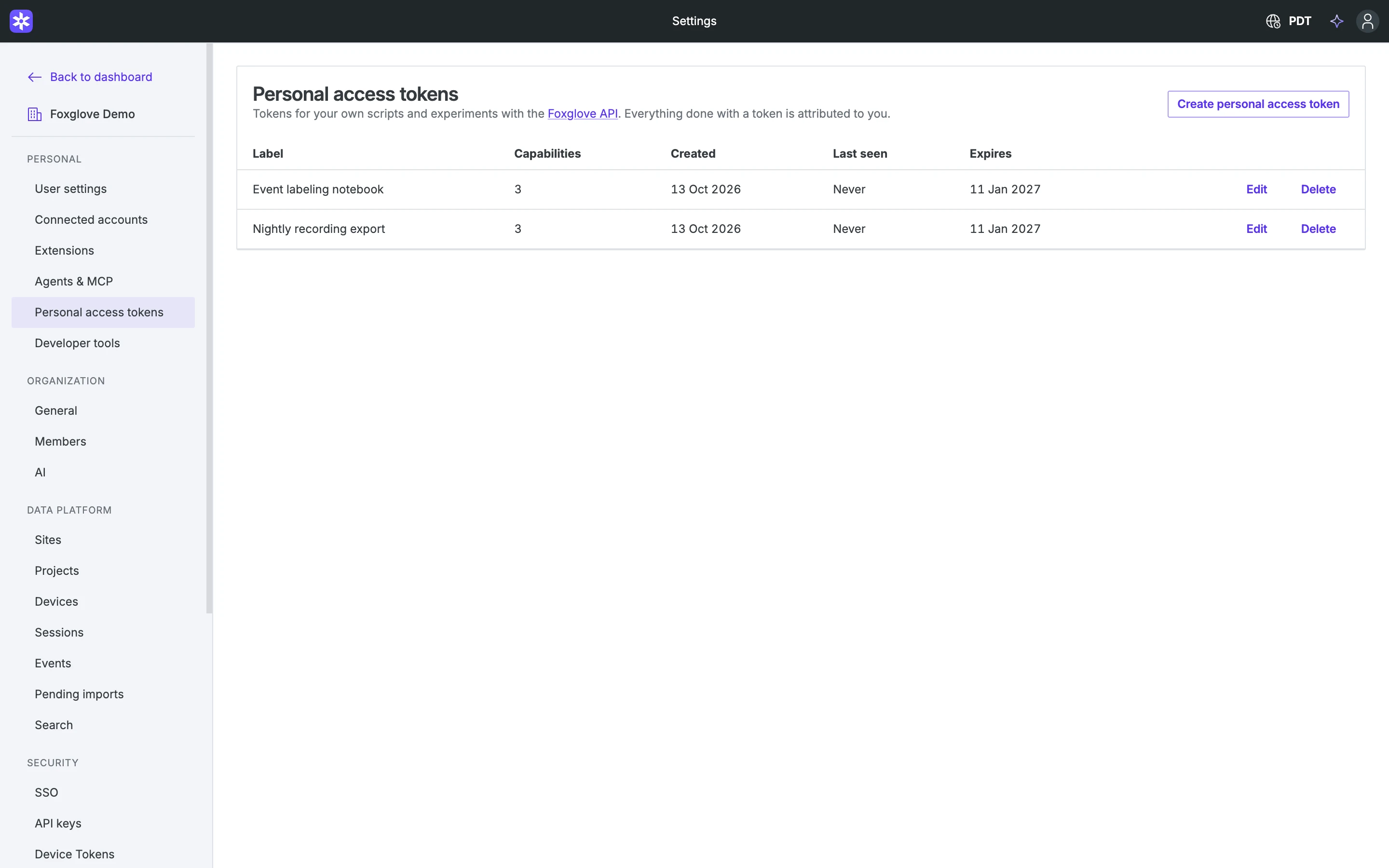 Personal access tokens settings page listing two tokens