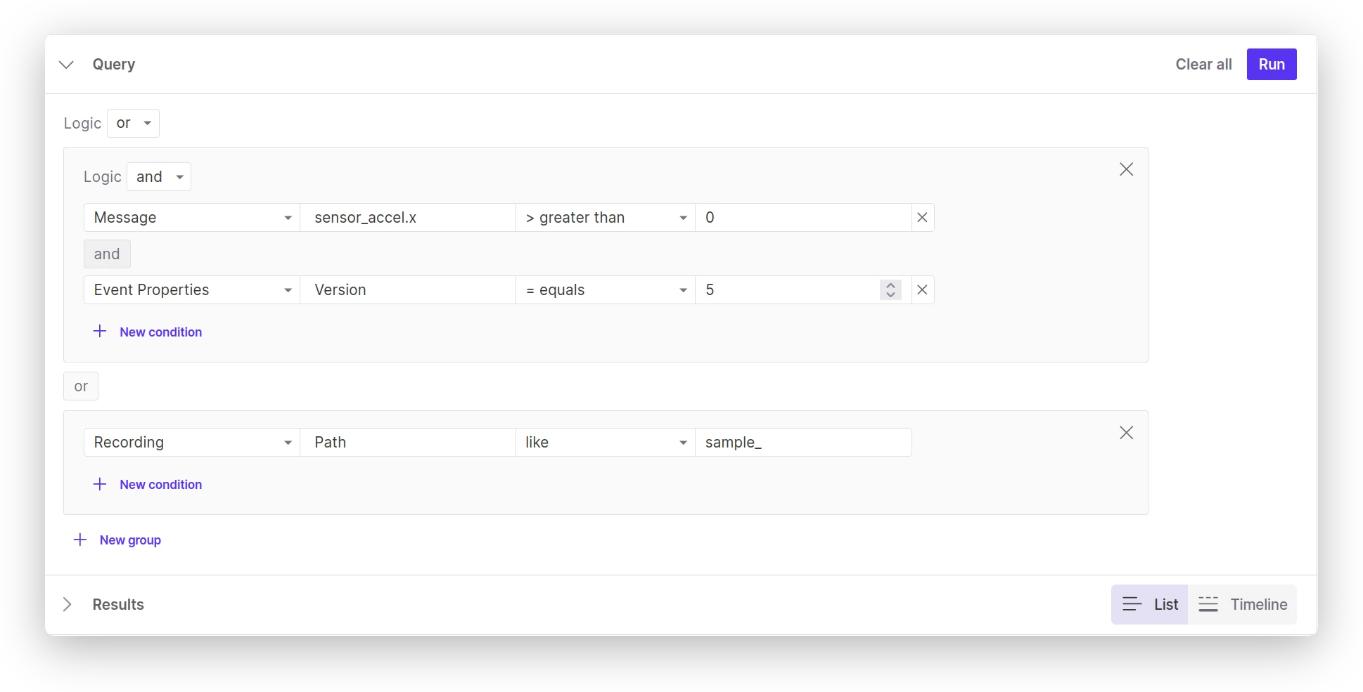 Query builder with two condition groups joined by OR