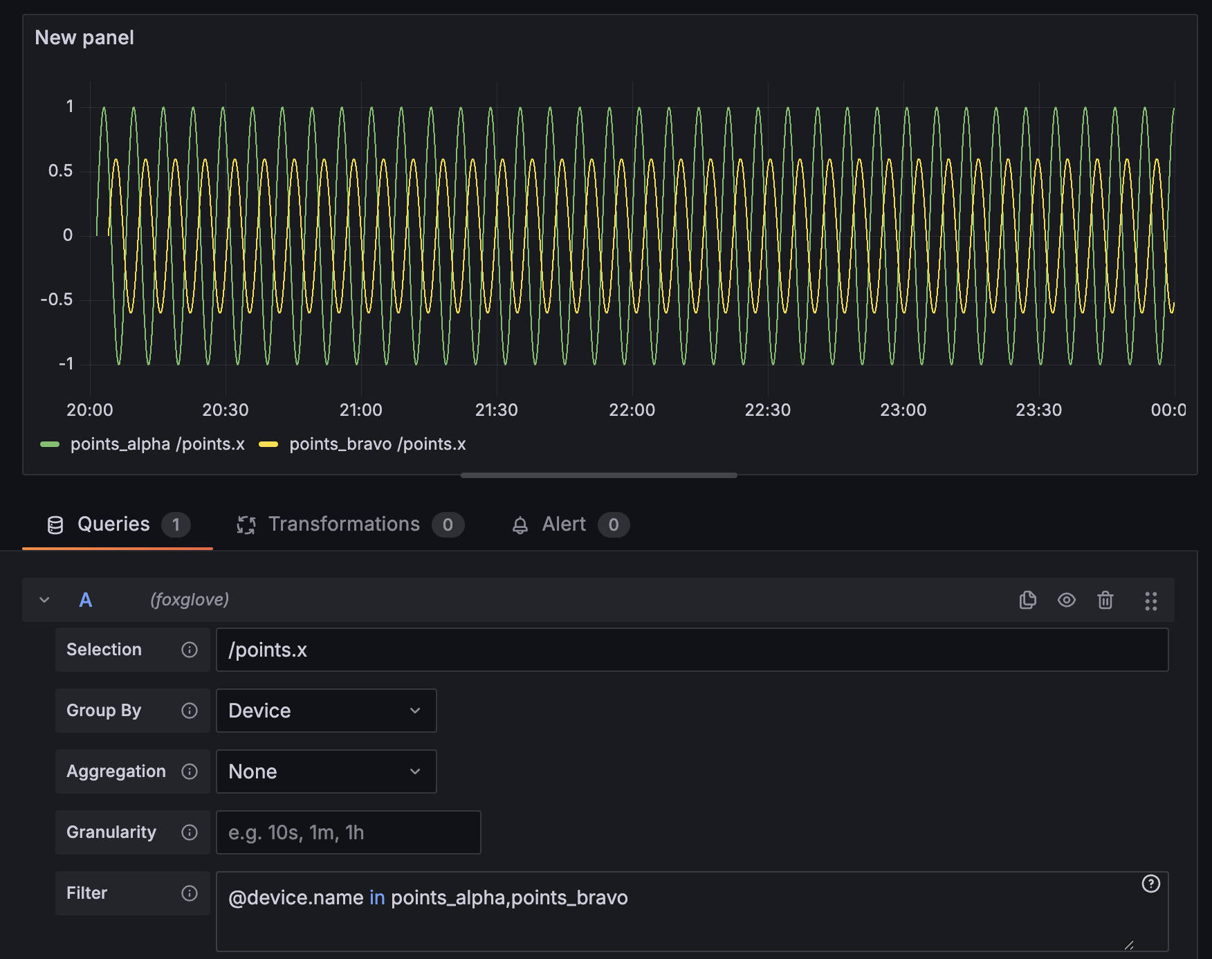 Foxglove query editor in a Grafana panel
