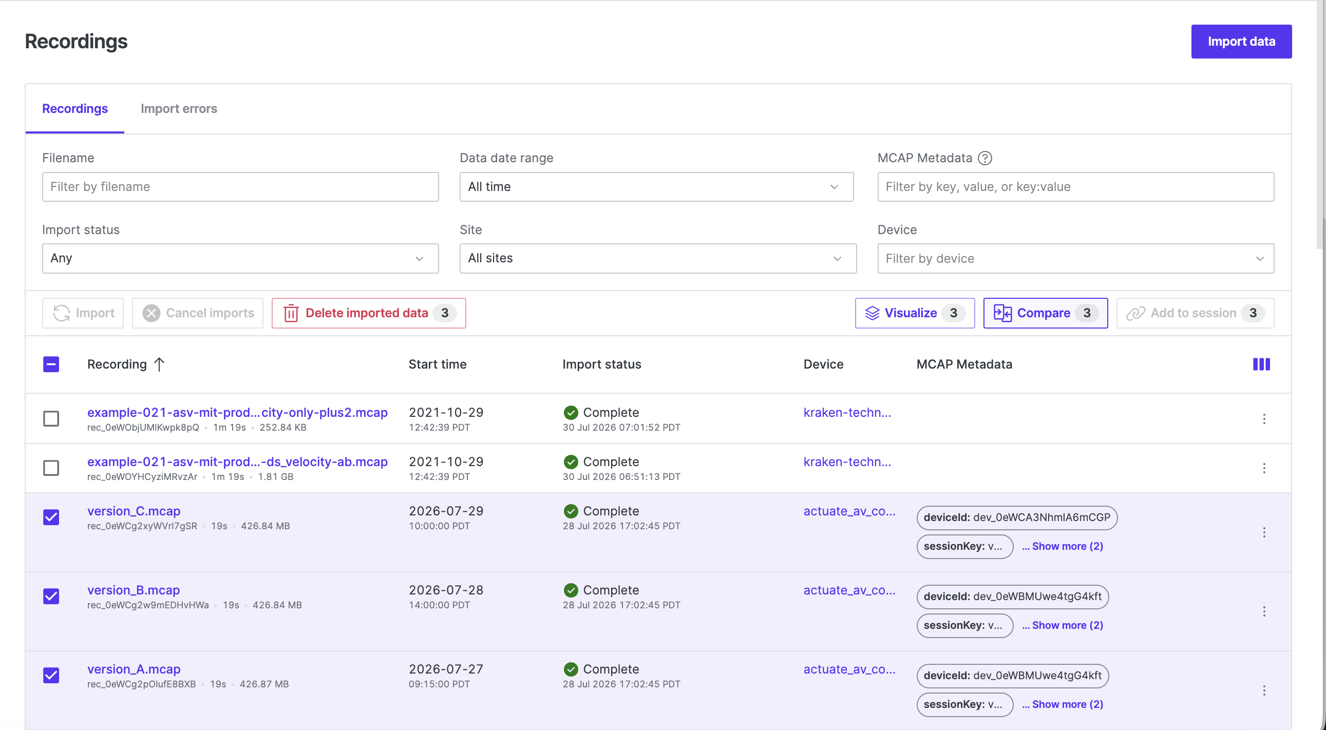 Compare button on the Recordings page
