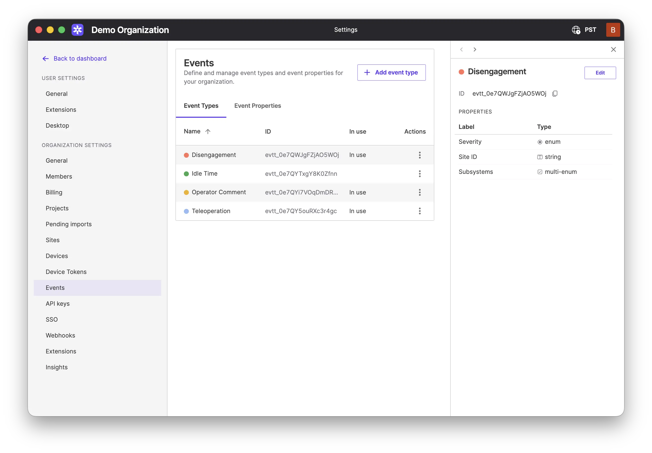 Event Types settings page
