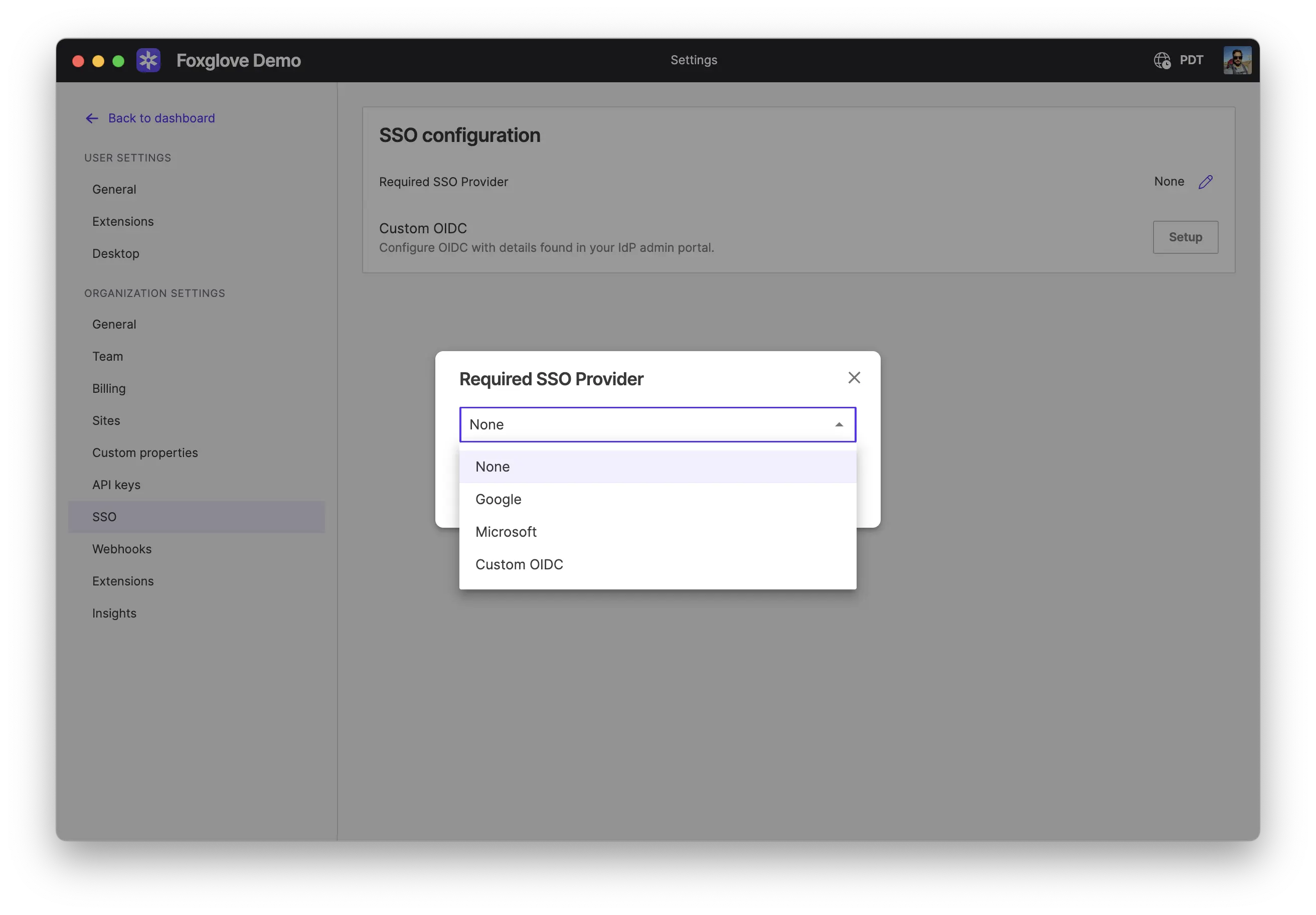 Foxglove SSO settings