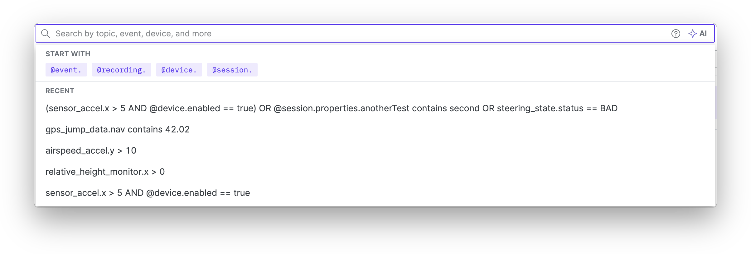 Search bar with an empty query, listing starting points and recent searches