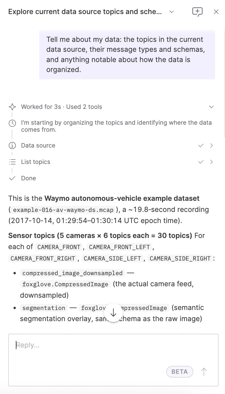 An expanded tool rollup listing each call the assistant made, with its reasoning between them, above the grounded answer