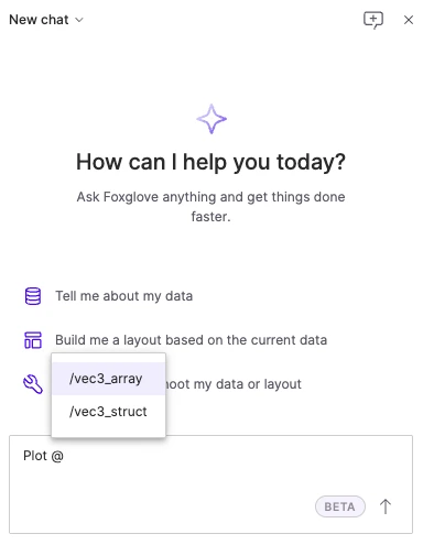 Typing @ in the composer opens a list of topics from the loaded data source