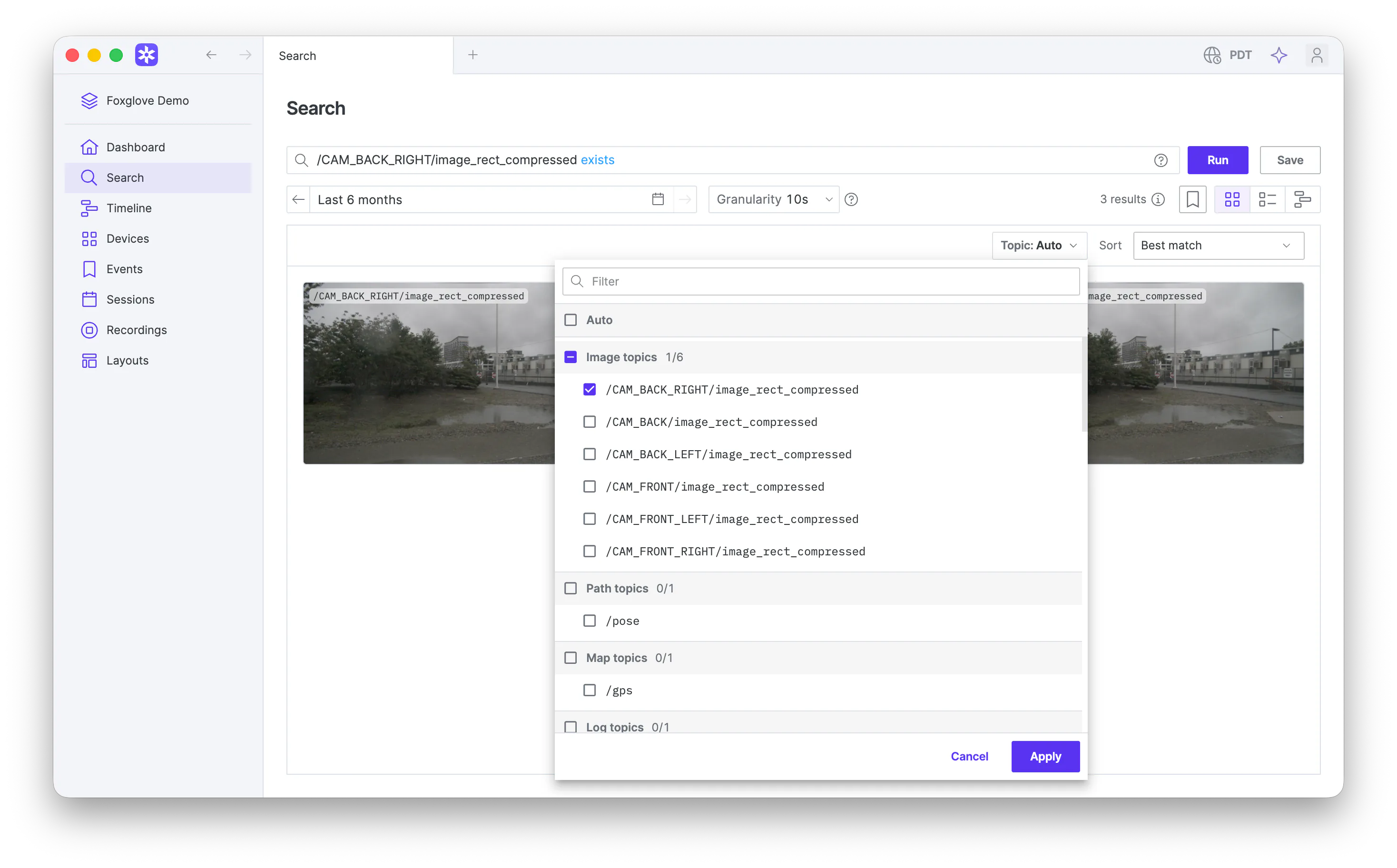 Search preview topic picker with an image topic selected