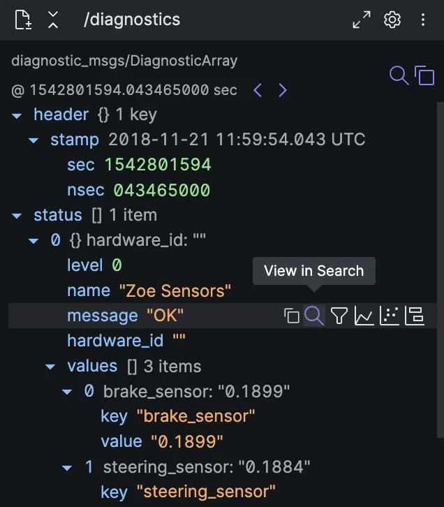 Raw Messages panel View in Search action