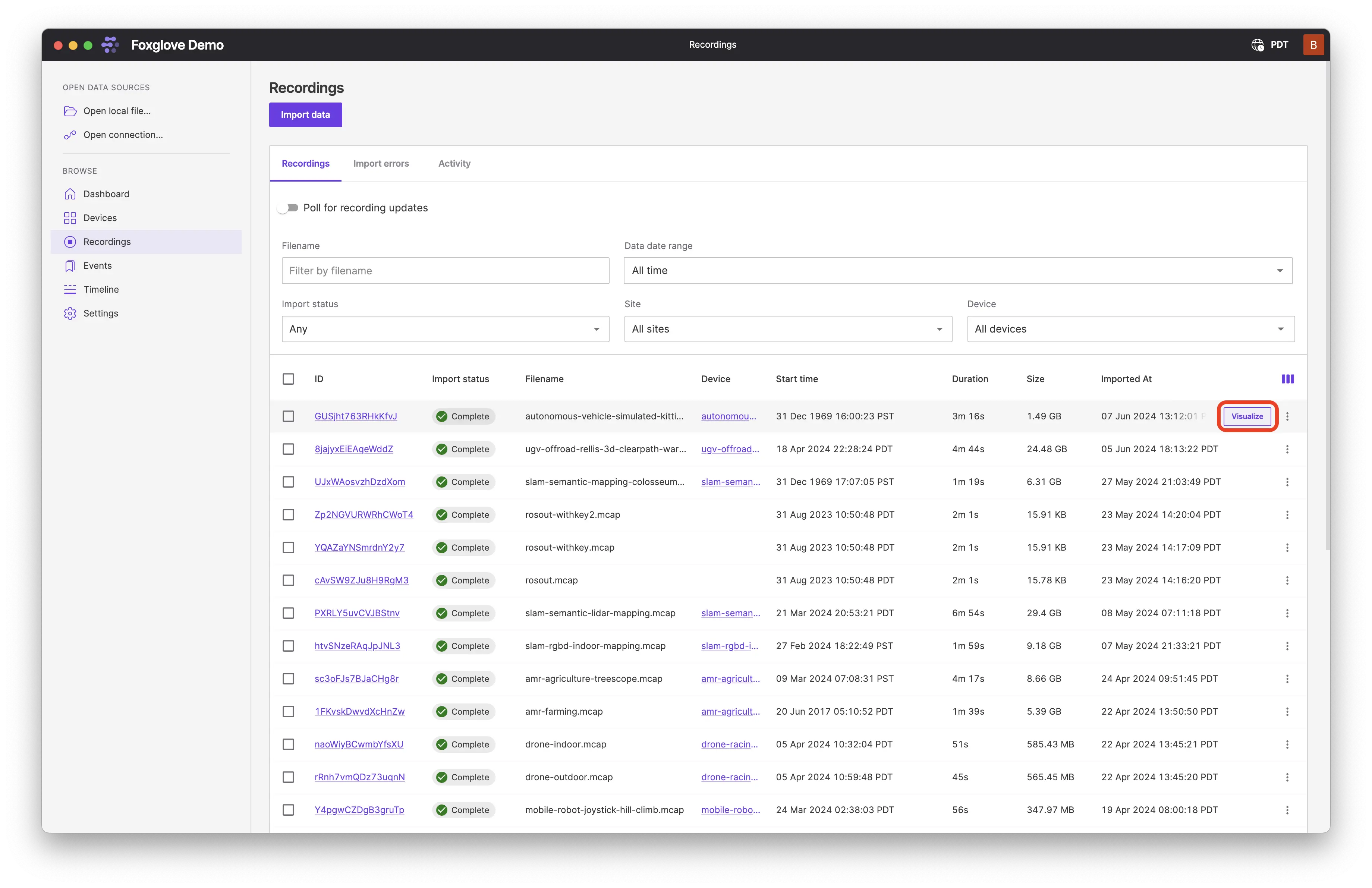 Visualize on Recordings page