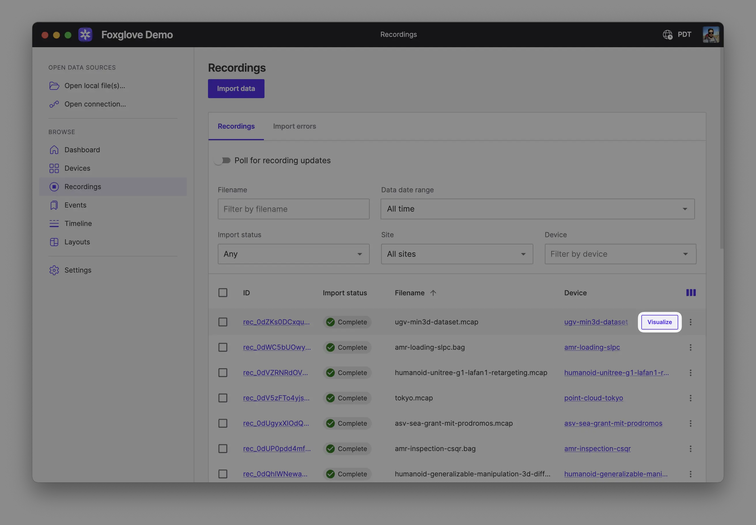 Visualize on Recordings page